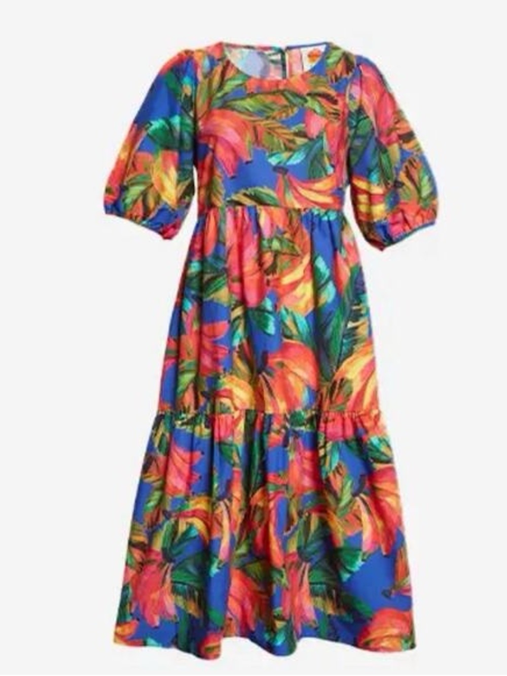 NWT Farm Rio Banana Mix Tropical Print Puff Sleeve Midi Dress - Blue Multi - Picture 3 of 11